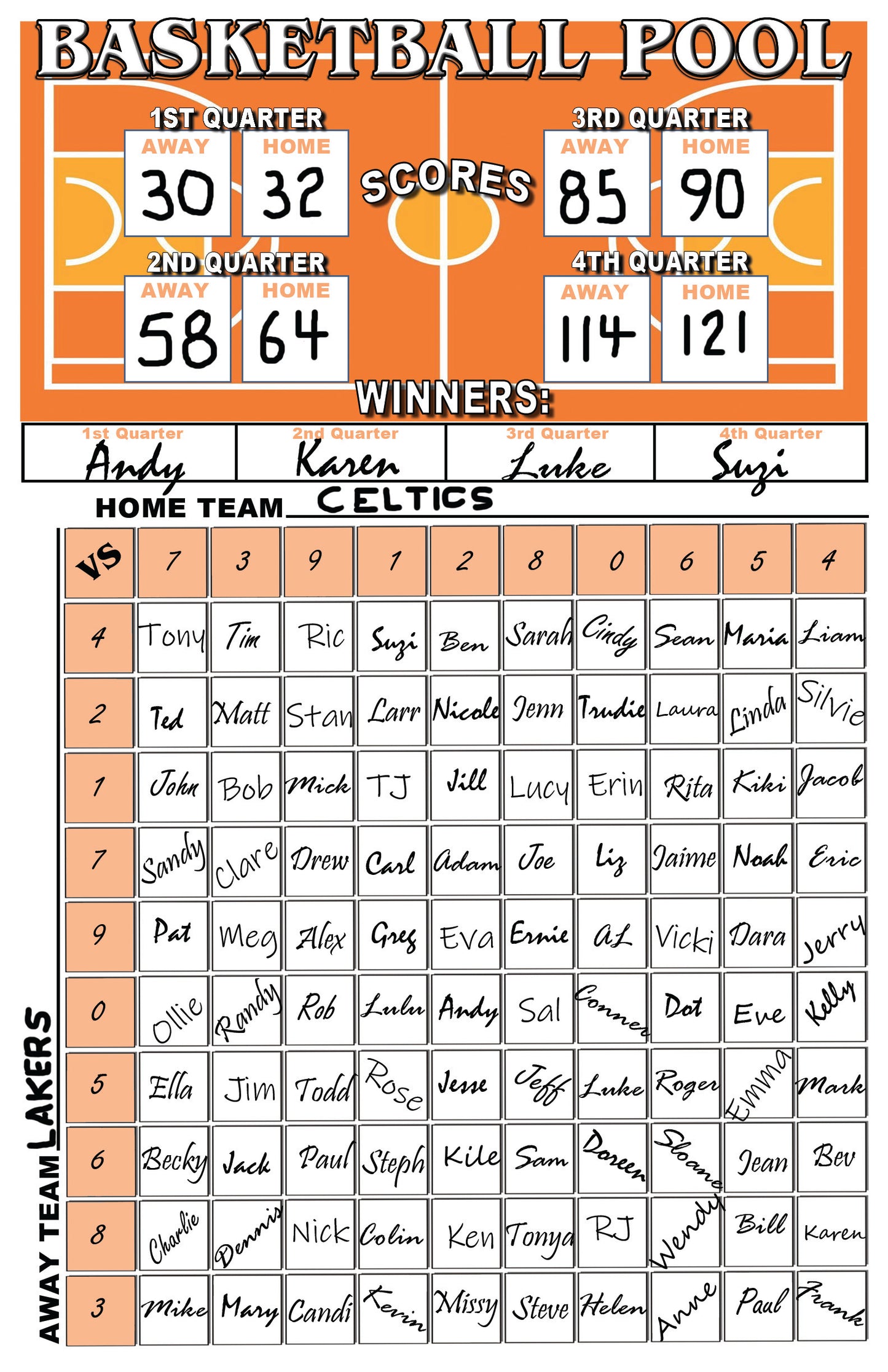 Basketball 100 Square box pool score sheet with orange border and grid for tracking scores. Great for March Madness , NBA, College Basketball or WNBA Games