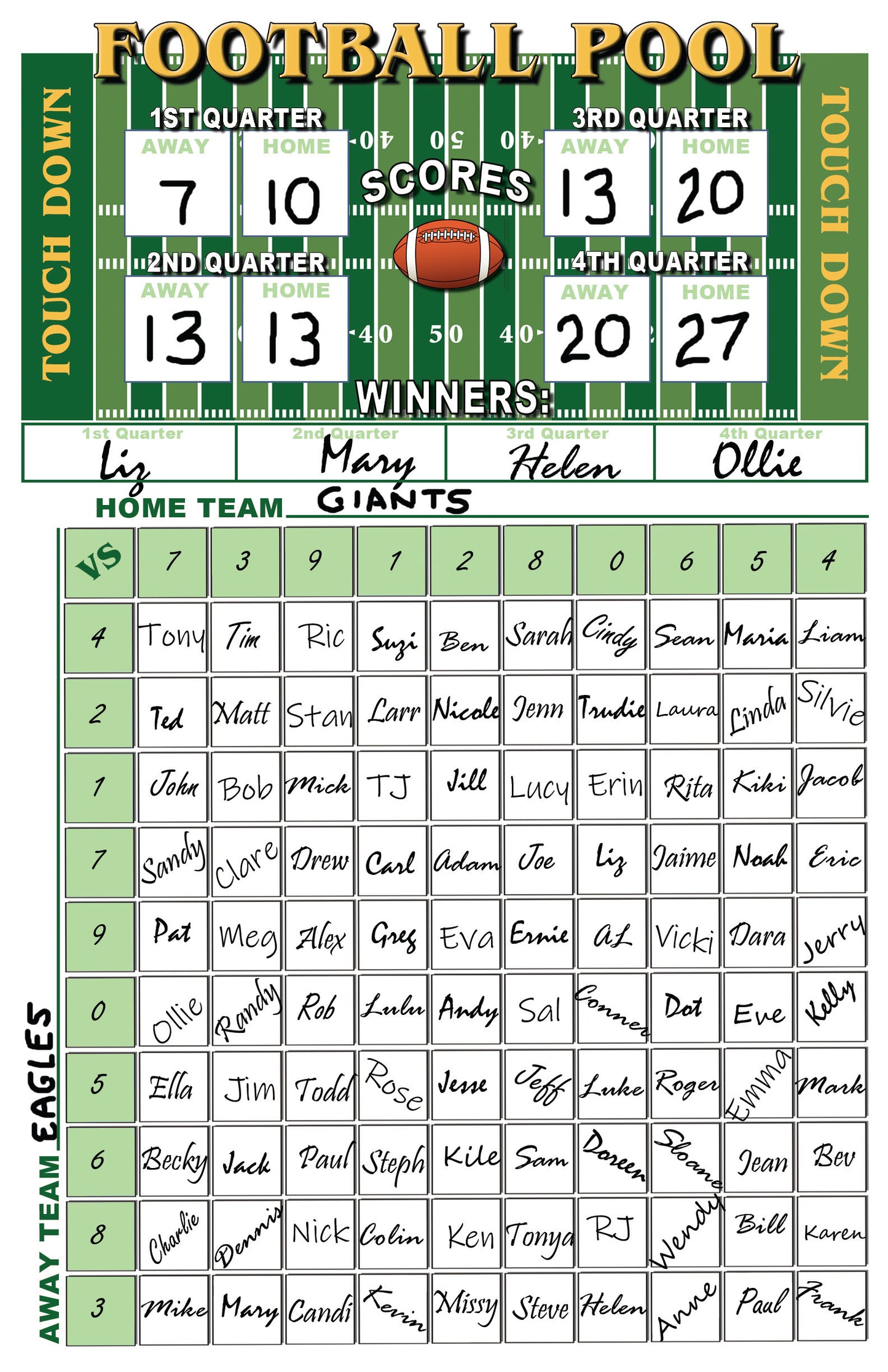 Football pool 100 squares block Pool erasable scorecard with team names and scores