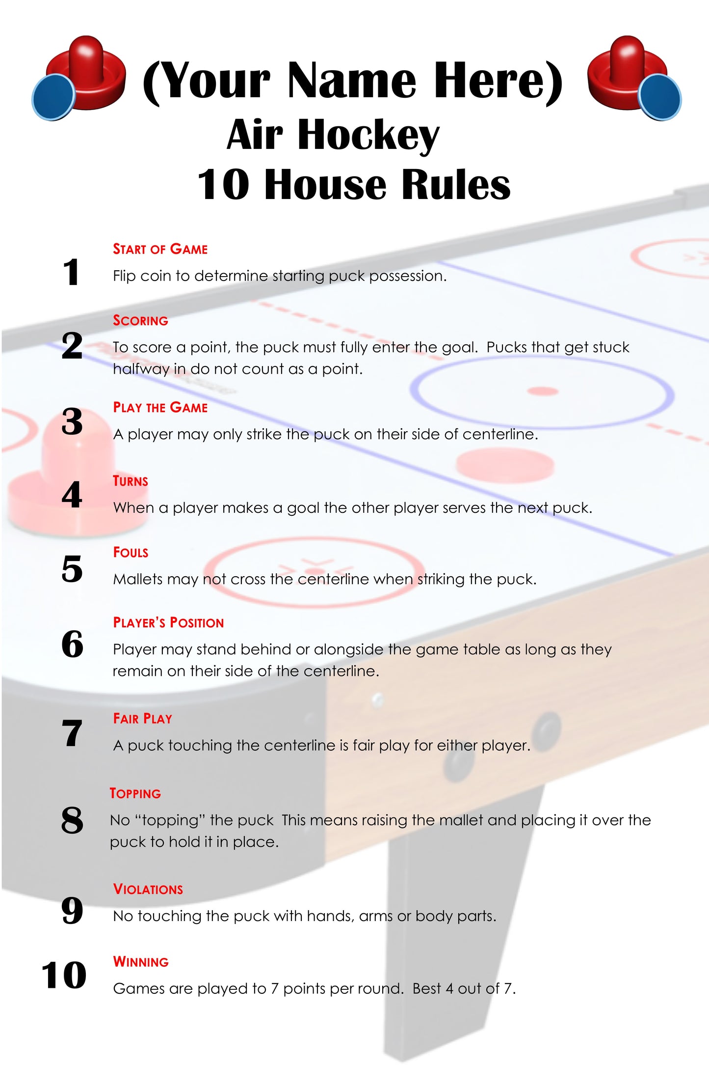 10 House Rules for Air Hockey Personalized With Your Name