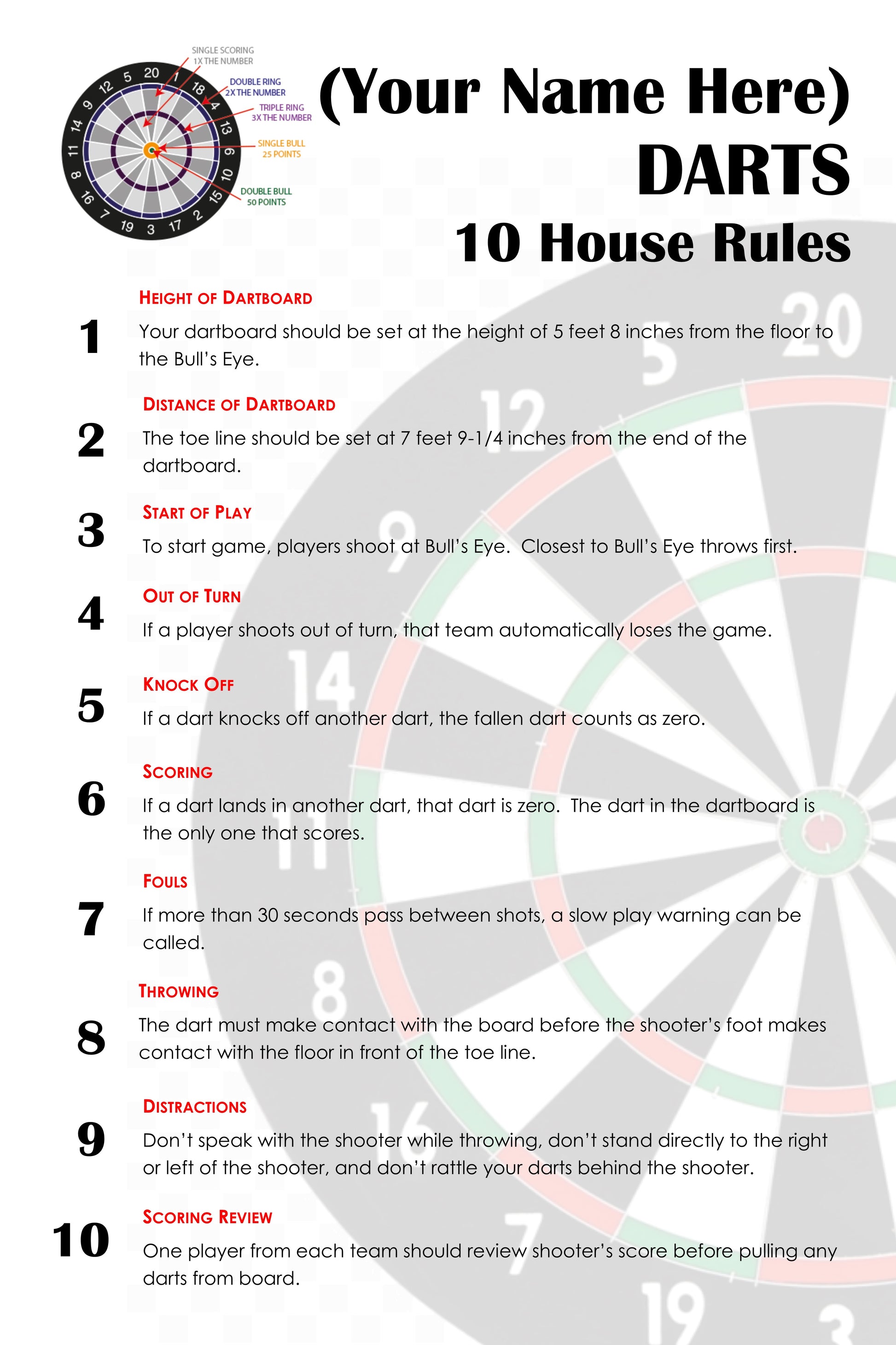 10 House Rules for Darts Personalized and Customized With Your Name