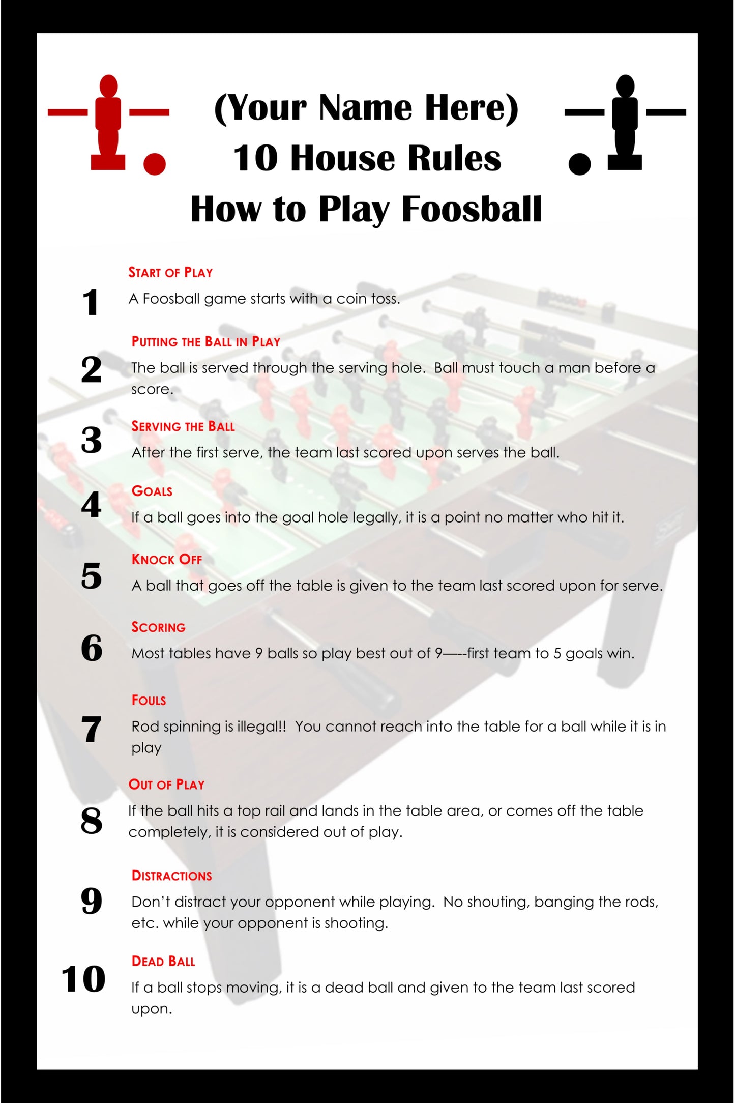 10 Simple Foosball Table Soccer House Rules Personalized and Customized With Your Name!