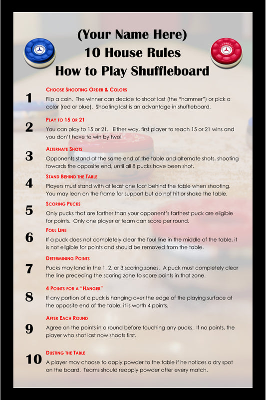 Personalized 10 House Rules for Table Shuffleboard Customized with Your Name!