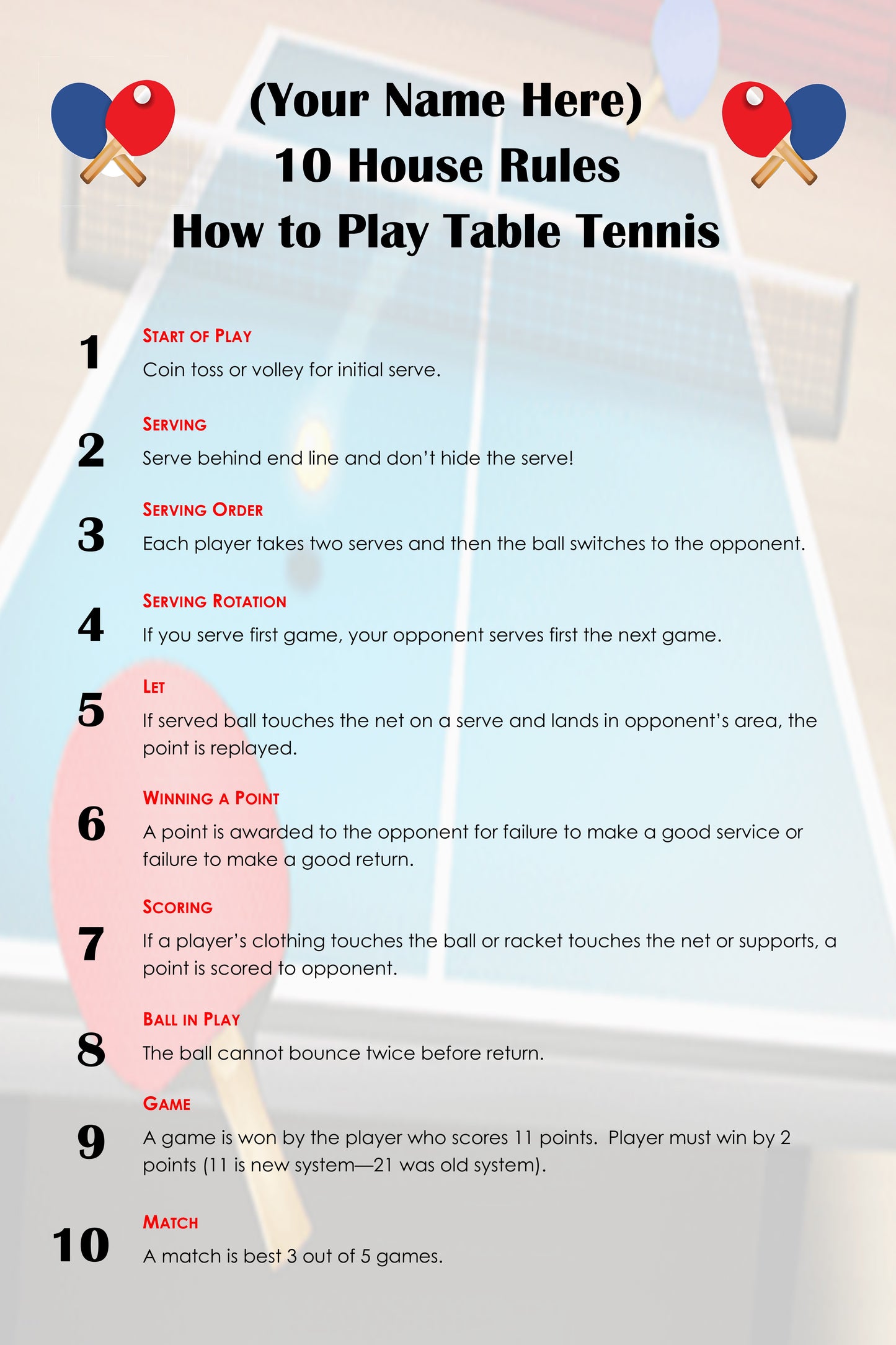 10 Simple Table Tennis Ping Pong House Rules Personalized and Customized with Your Name