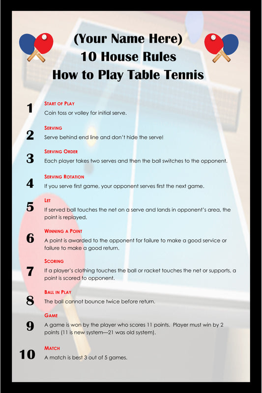 Simple 10 House Rules for Table Tennis Ping Pong Personalized and Customized With Your Name