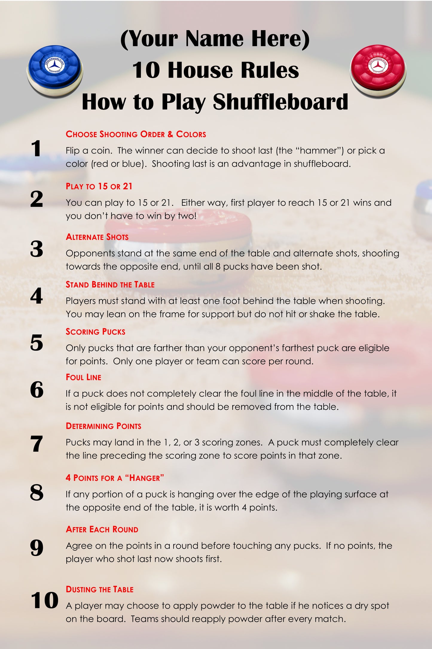 10 Simple Table Shuffleboard House Rules Personalized and Customized With Your Name!