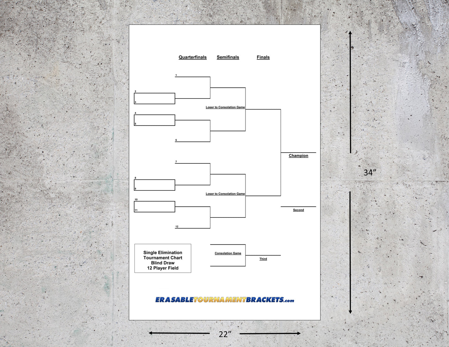 12 Team Single Elimination Blind Draw Tournament Bracket Chart for Pickleball or Cornhole or other games