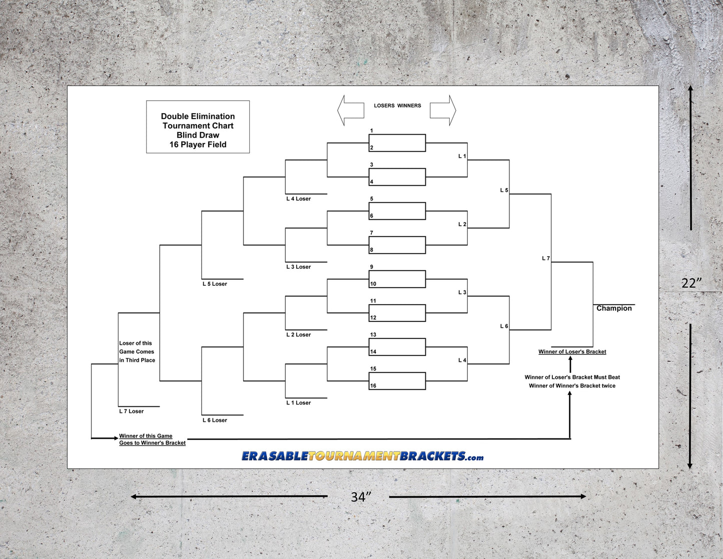 16 Team Double Elimination Blind Draw Tournament Bracket for Basketball Cornhole Pickleball Shuffleboard or other Games