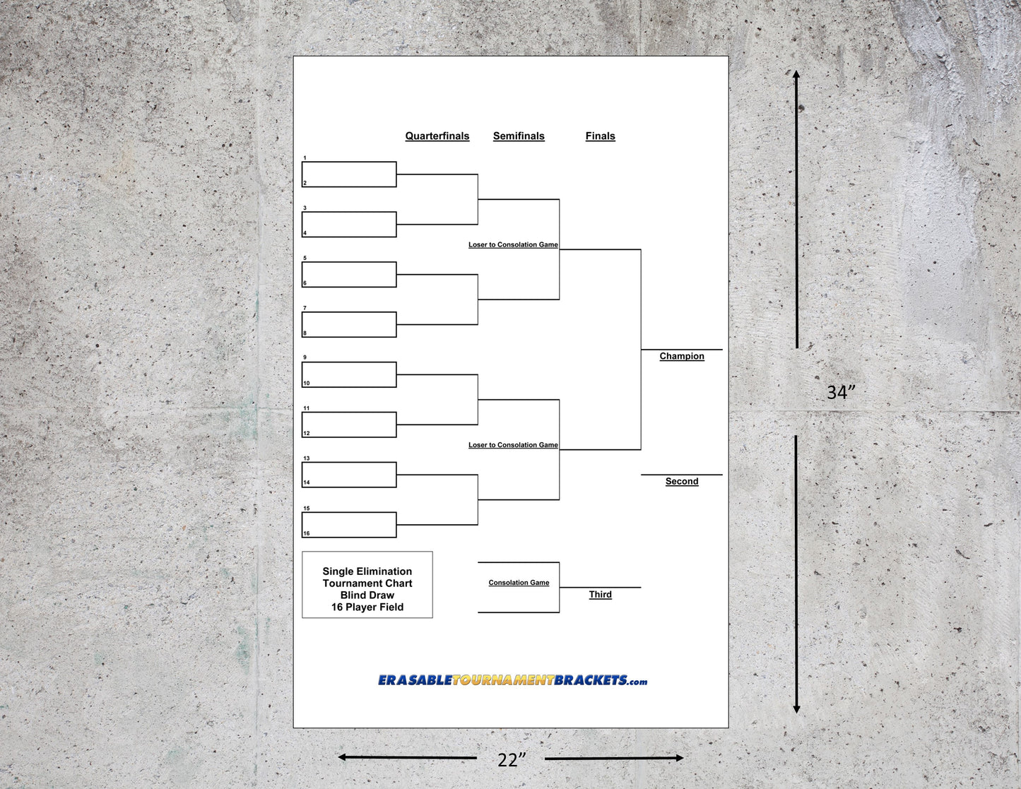 16 Team Single Elimination Blind Draw Tournament Bracket for Pickleball Shuffleboard Cornhole Horseshoes Basketball or other games.