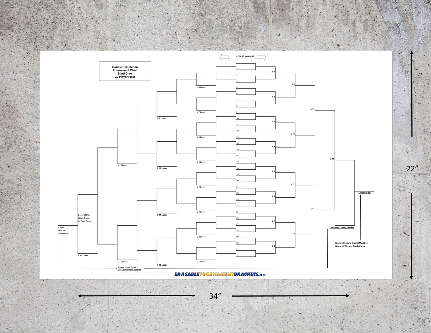 32 Team Double Elimination Blind Draw Tournament Bracket for Softball Baseball RIng Toss Horseshoes Quoits Shuffleboard or other games