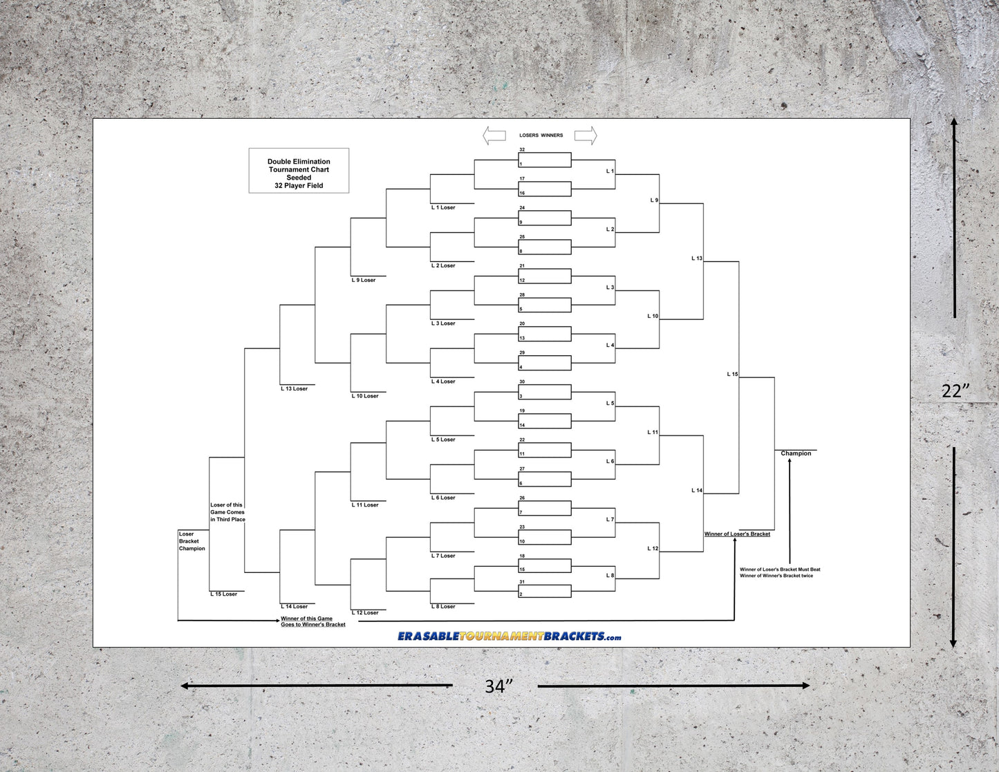32 Team Double Elimination Seeded Tournament Bracket perfect for outdoor and indoor games like Bocce Poker Card Cornhole Shuffleboard