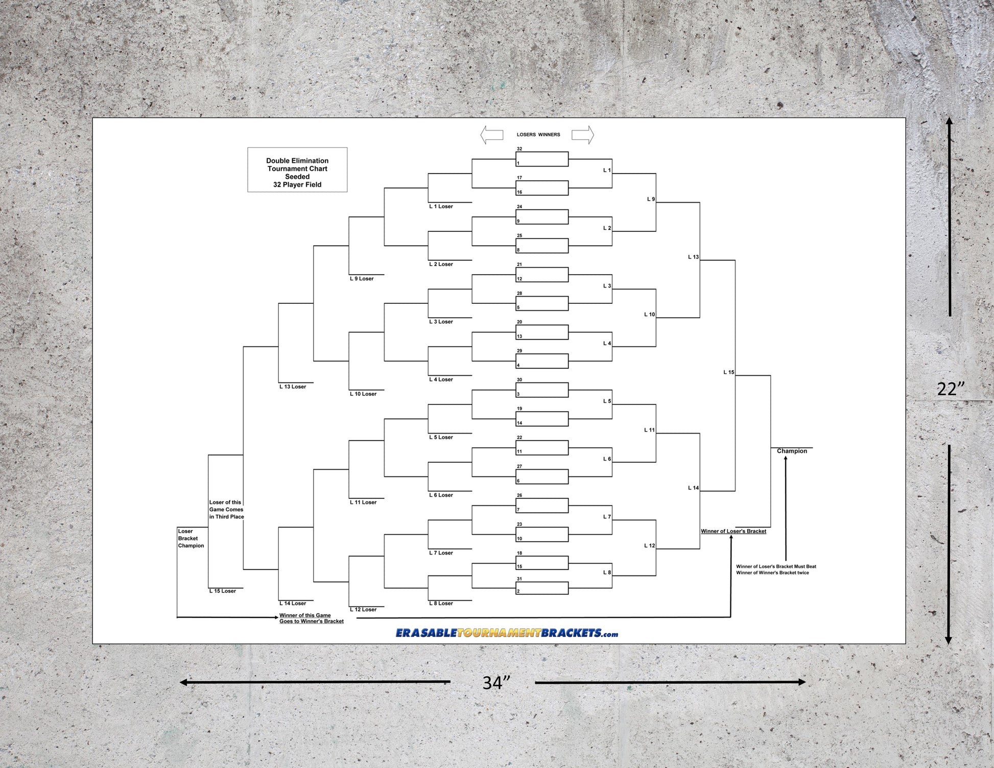 32 Team Double Elimination Seeded Tournament Bracket perfect for outdoor and indoor games like Bocce Poker Card Cornhole Shuffleboard