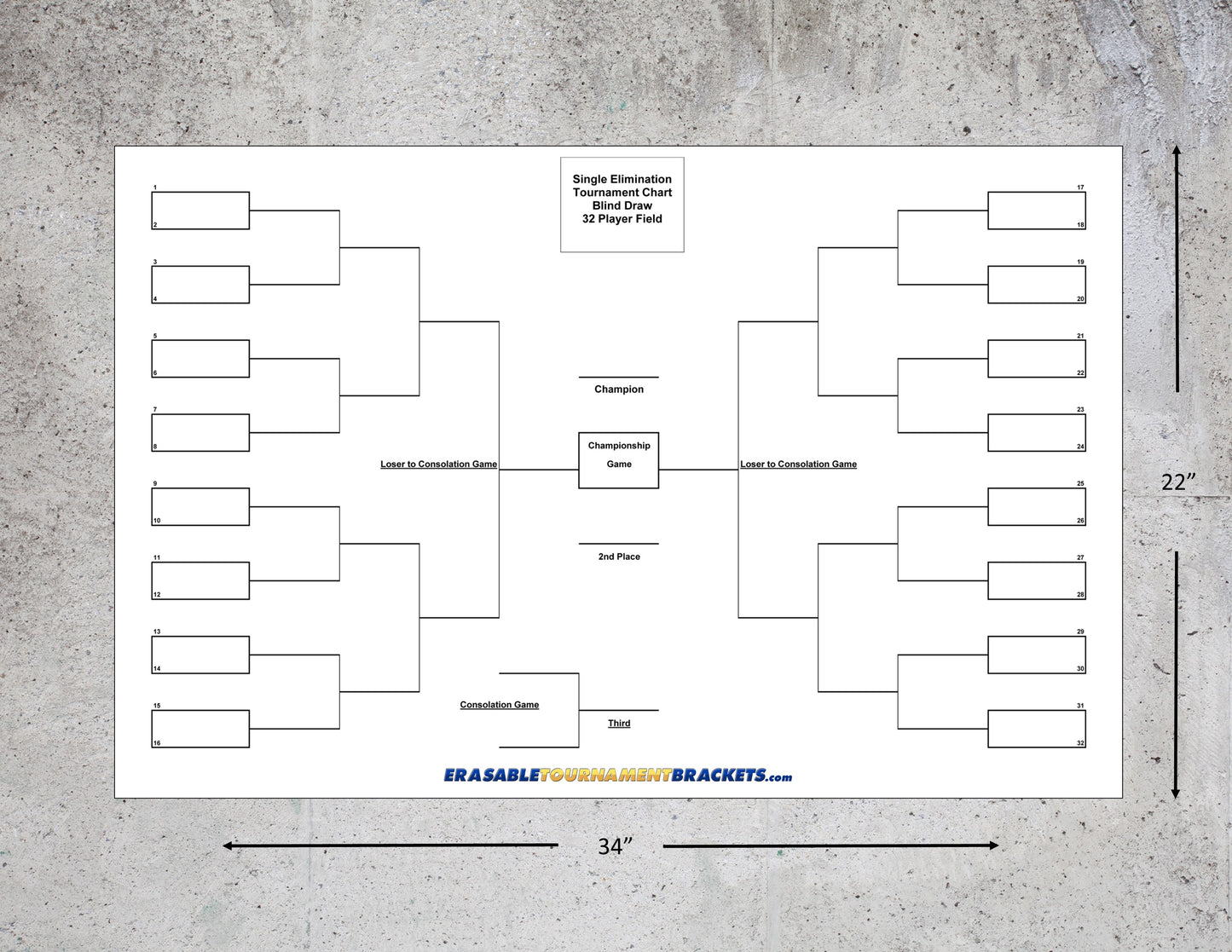32 Team Single Elimination Blind Draw Tournament Bracket for Shuffleboard Bocce Ladderball Cornhole Pickleball or other games