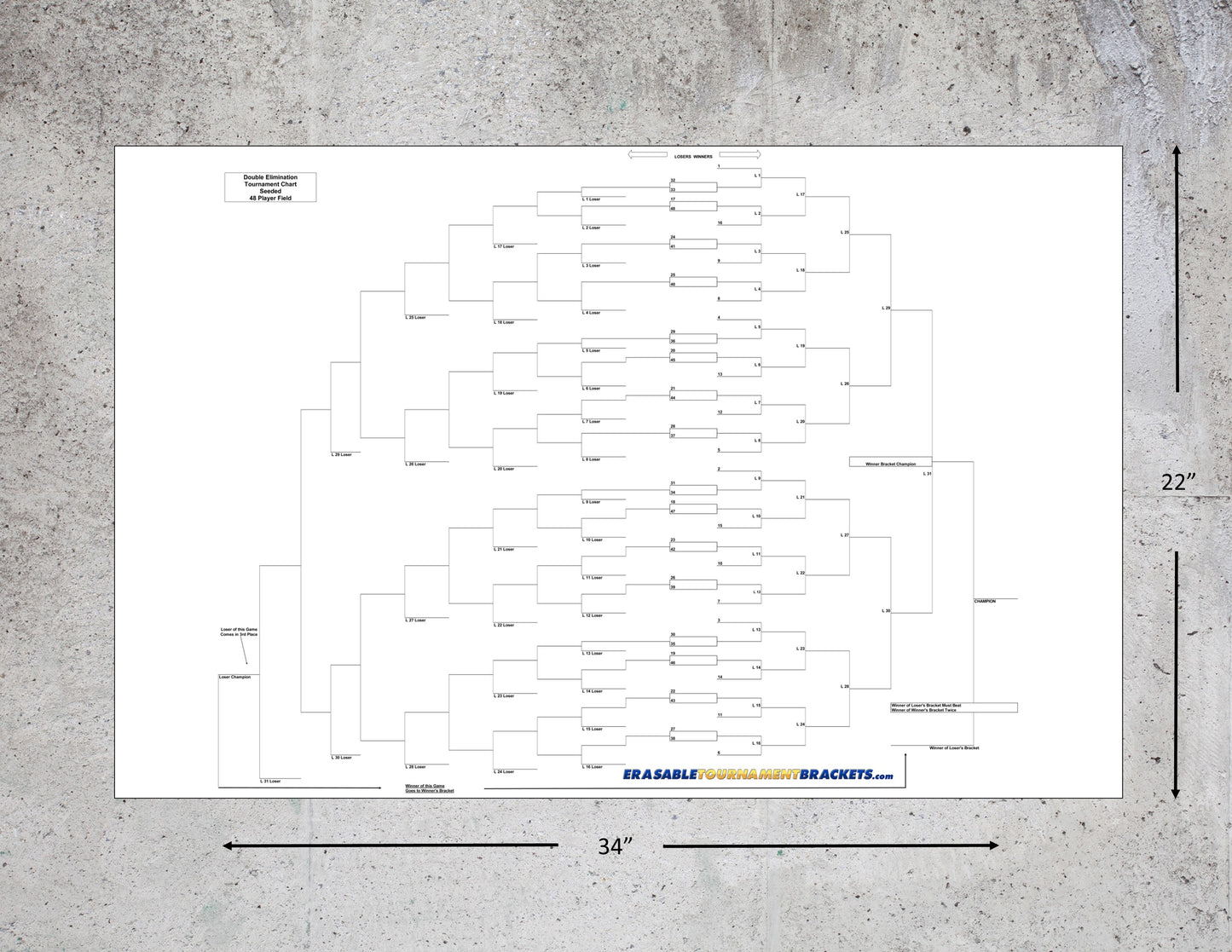 48 Team Double Elimination Seeded Tournament Bracket for Cornhole Basketball Pickleball Softball Baseball Soccer Football or other games