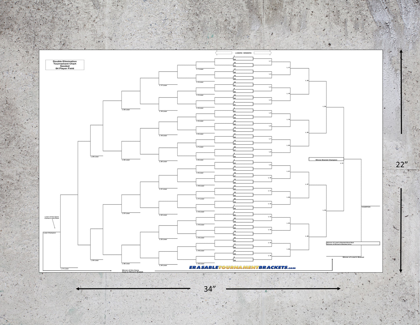 64 Team Double Elimination Seeded Tournament Bracket perfect for soccer softball baseball basketball or other game tourneys