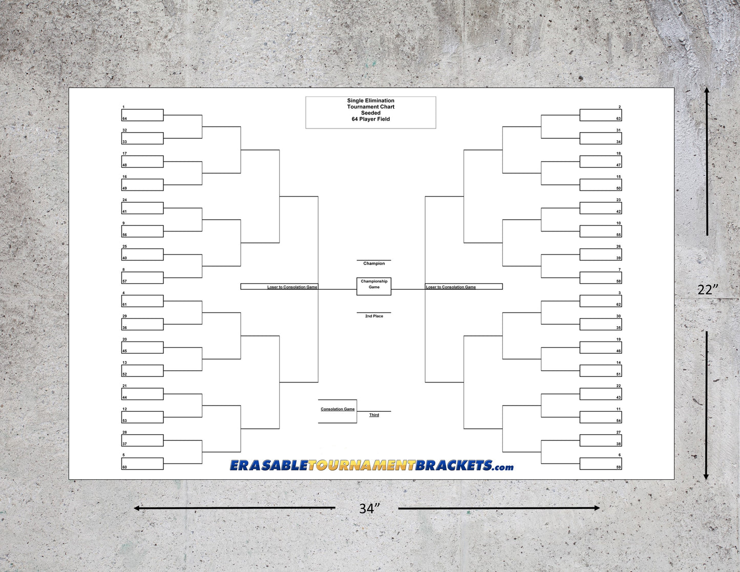64 Team Single Elimination Seeded Tournament Bracket perfect for March Madness Basketball or Baseball Softball Hockey Tournaments
