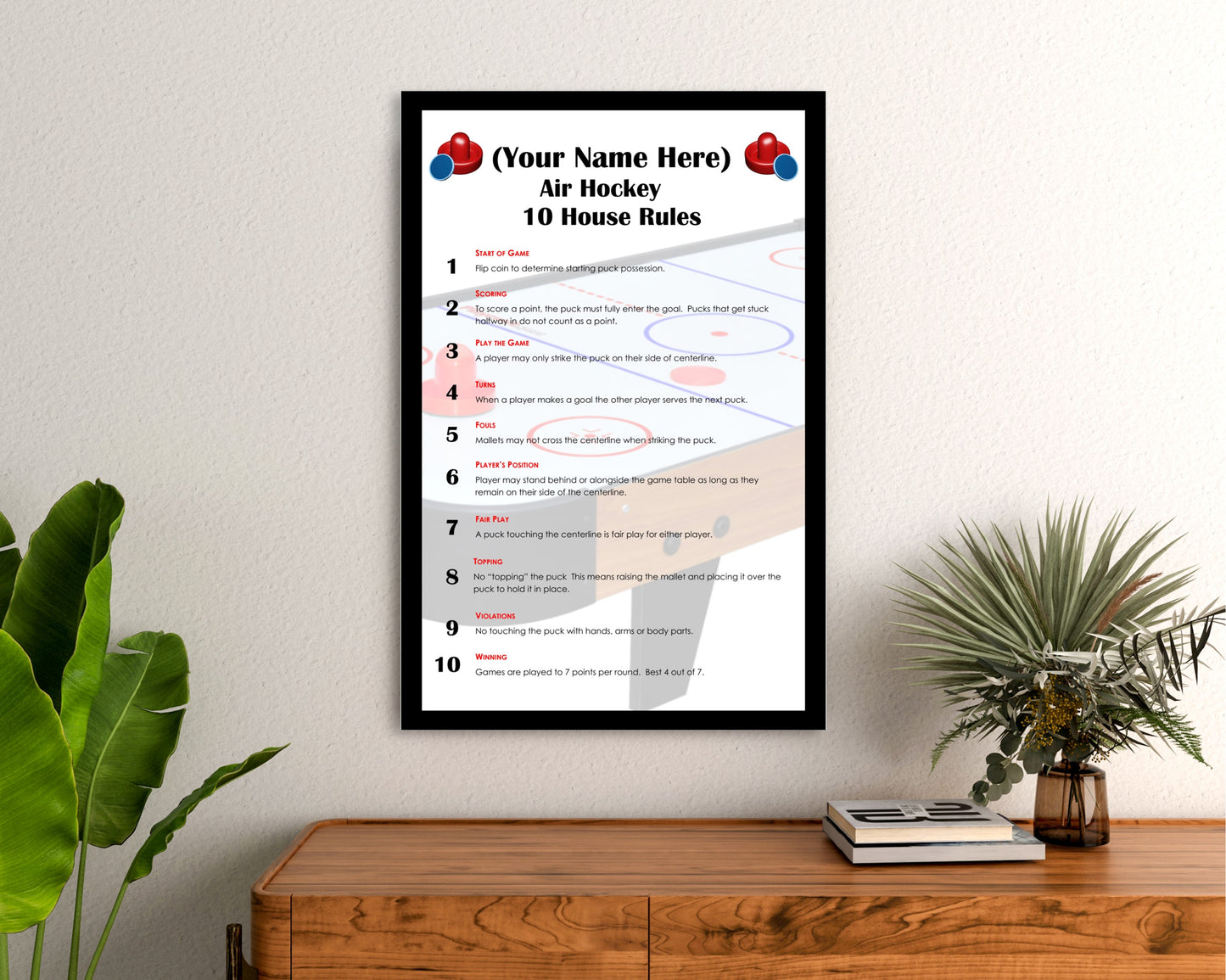 Personalized Air Hockey 10 House Rules Custom Art Poster - Personalized With Your Name!