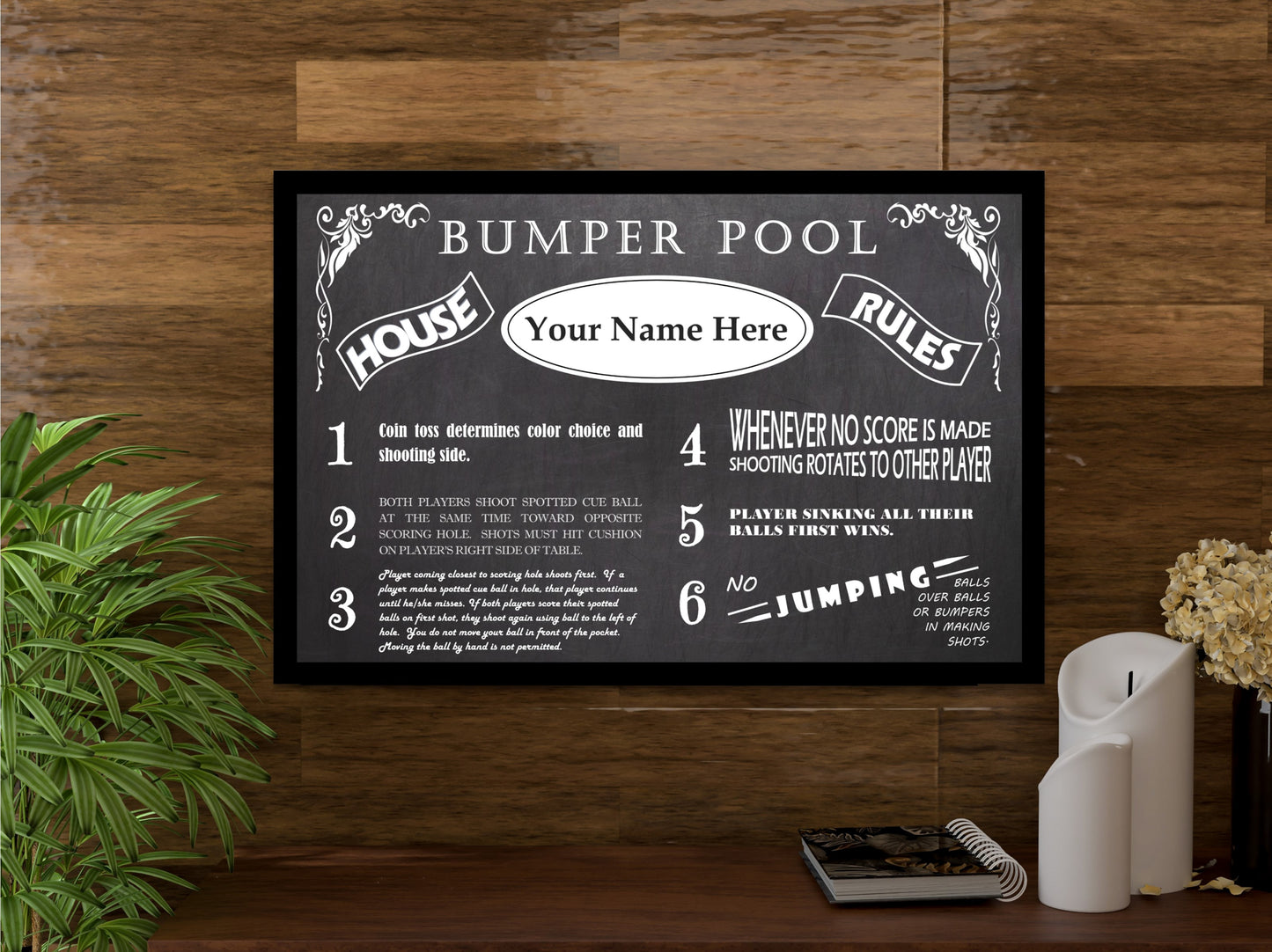 Vintage House Rules Bumper Pool Poster Personalized and Customized With Your Name!