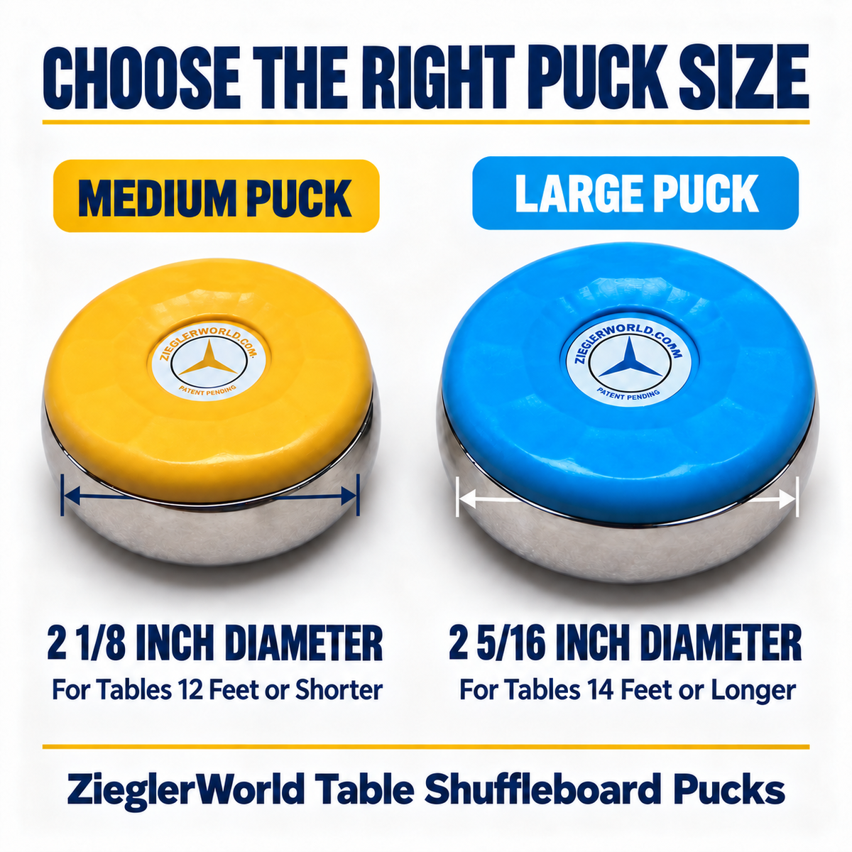 A size comparison graphic for ZieglerWorld table shuffleboard pucks, showing a yellow medium puck labeled 2 1/8 inch diameter for tables 12 feet or shorter, and a blue large puck labeled 2 5/16 inch diameter for tables 14 feet or longer, with text reading 'CHOOSE THE RIGHT PUCK SIZE'.
