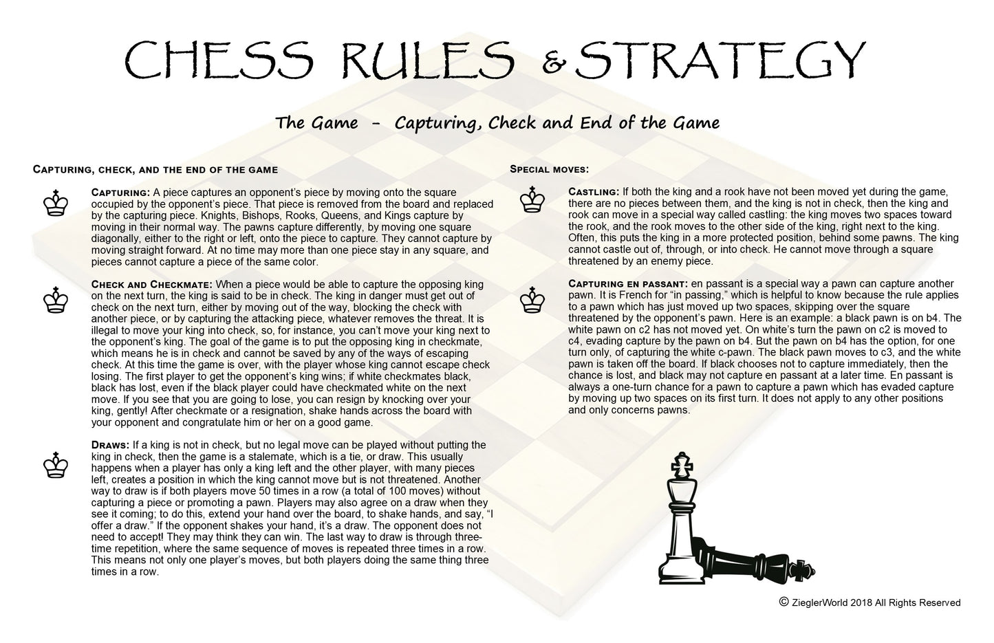 Chess Rules & Strategy including Capturing, Check, End of Game and Special Rules Cheat Sheet.
