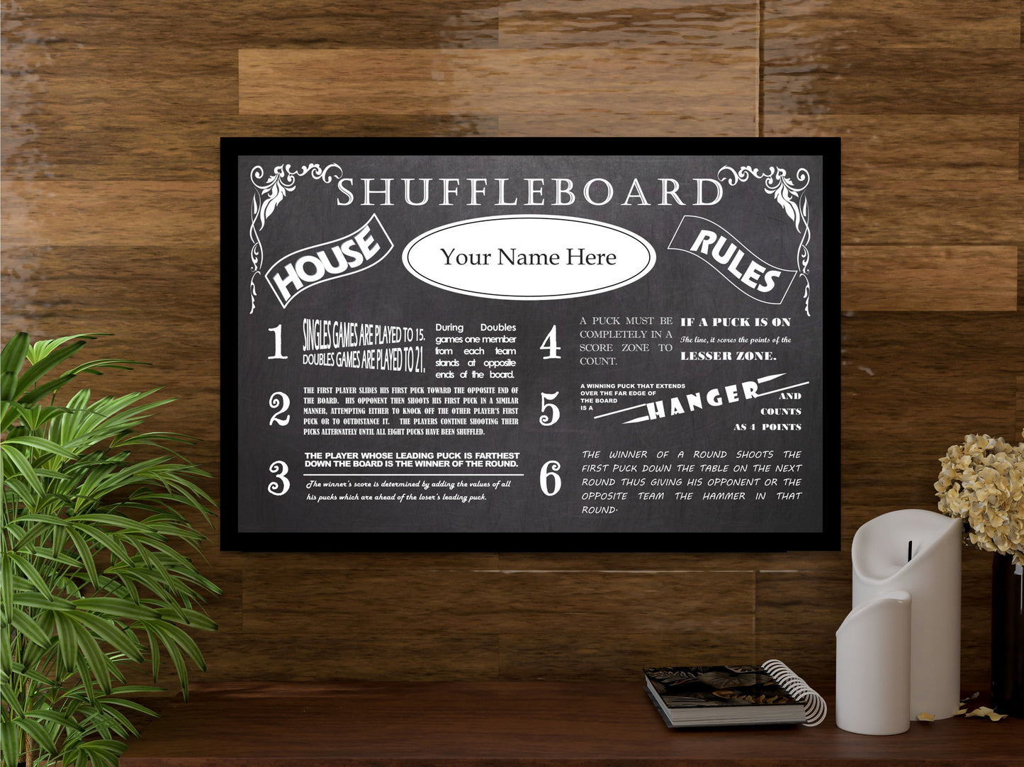 Personalized Vintage Chalkboard Looking Table Shuffleboard House Rules Poster - Personalized With Your Name!
