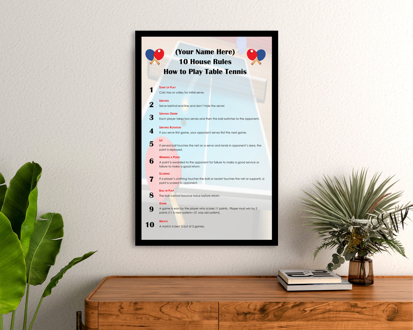 Personalized Table Tennis Ping Pong 10 House Rules Custom Art Poster - Personalized With Your Name!