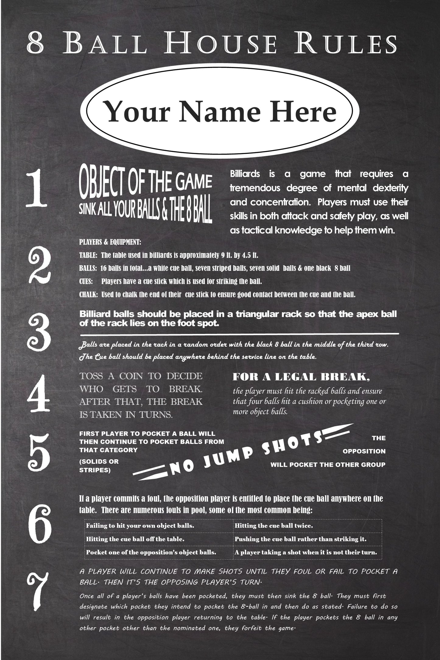 Personalized 8 Ball Billiard Pool Table House Rules Customized With Your Name!