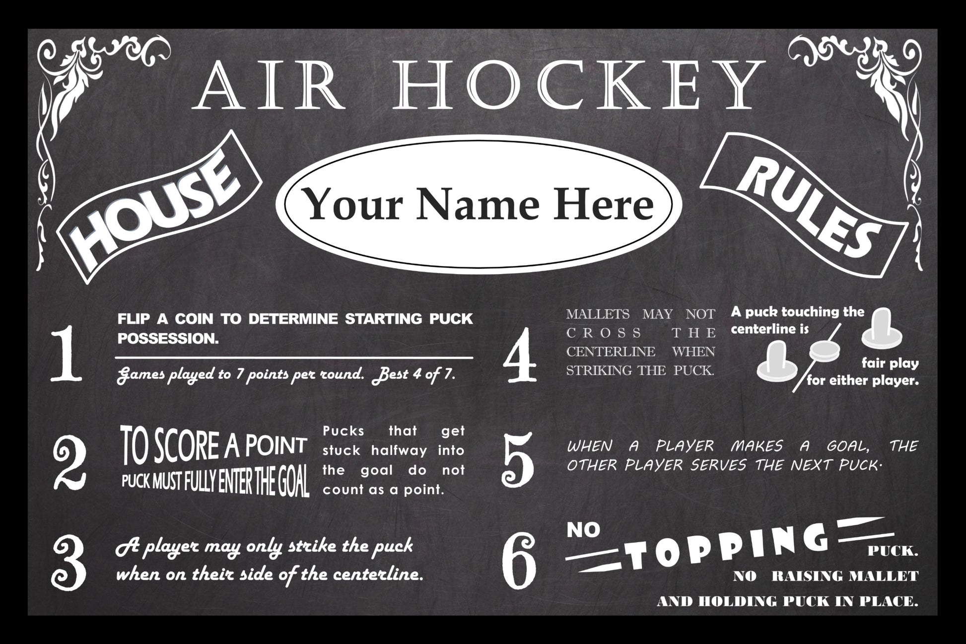 Vintage House Rules Air Hockey Poster Personalized and Customized with Your Name!