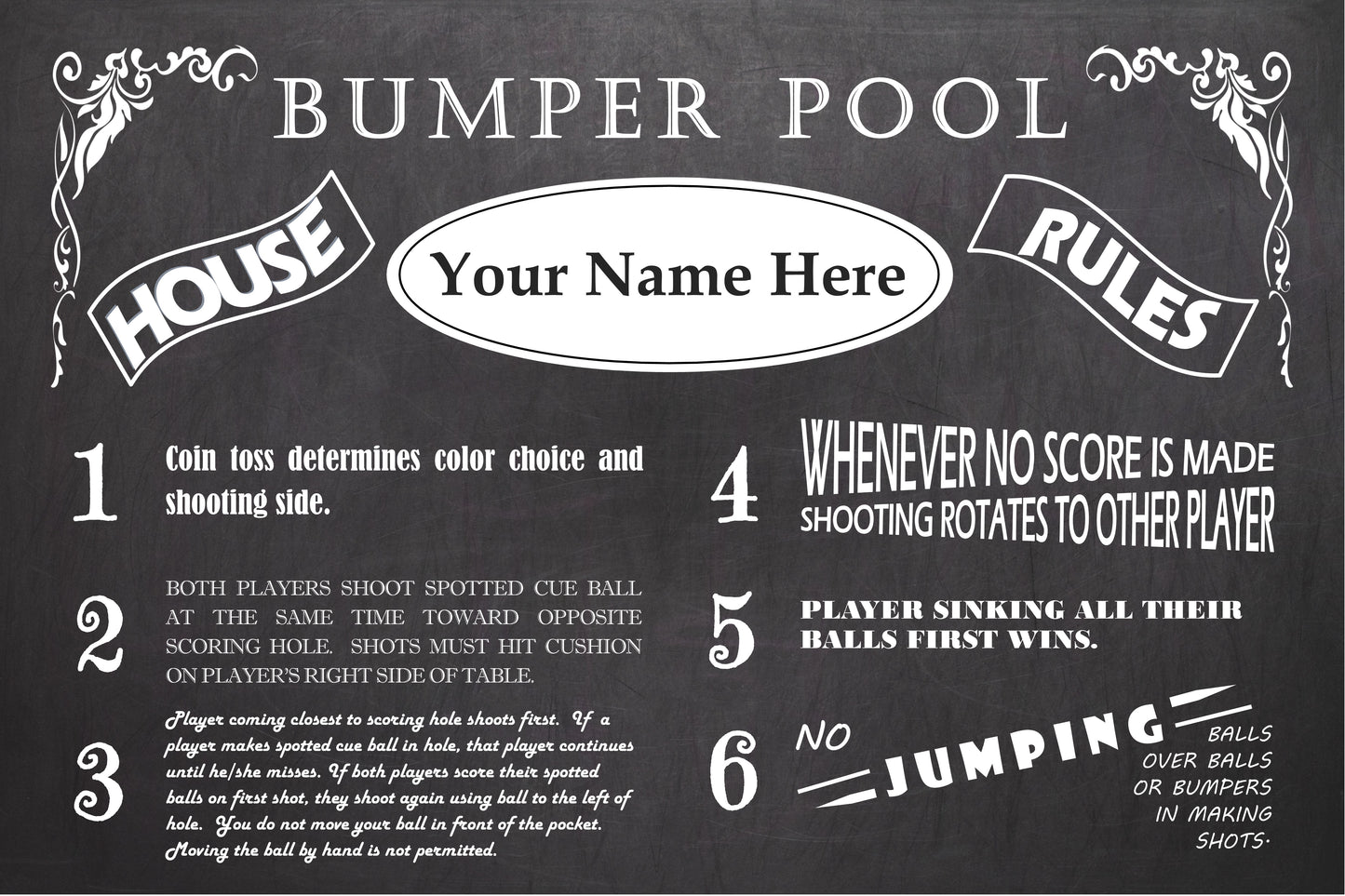 Vintage Bumper Pool Personalized House Rules Poster Customized With Your Name!