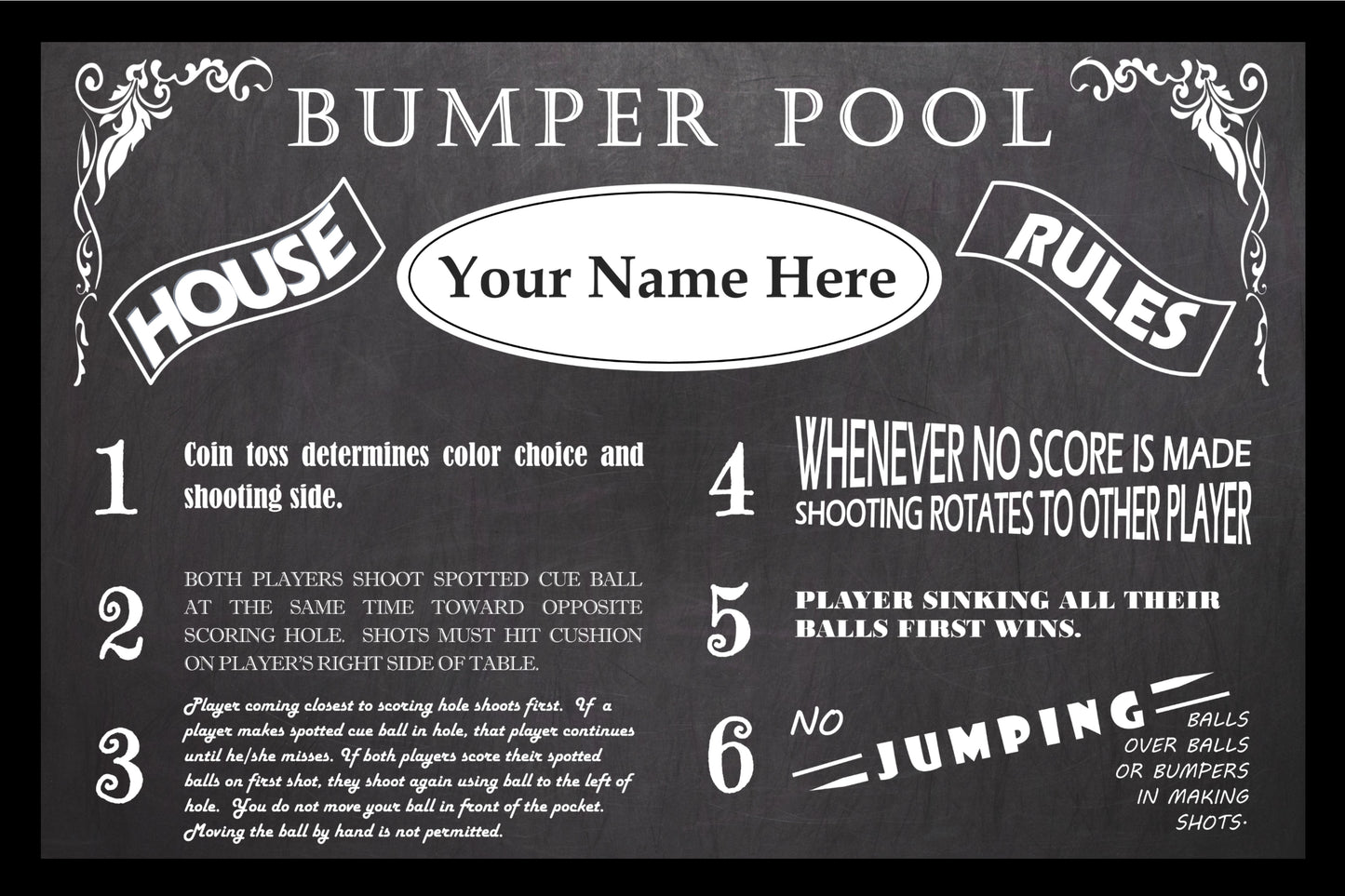 Vintage Bumper Pool Personalized House Rules Poster Customized With Your Name!