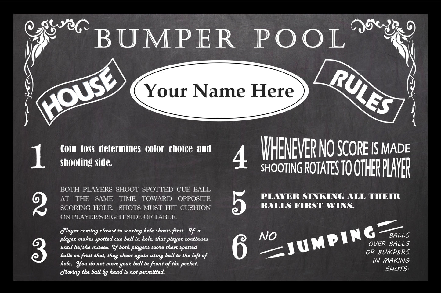 Vintage Bumper Pool Personalized House Rules Poster Customized With Your Name!