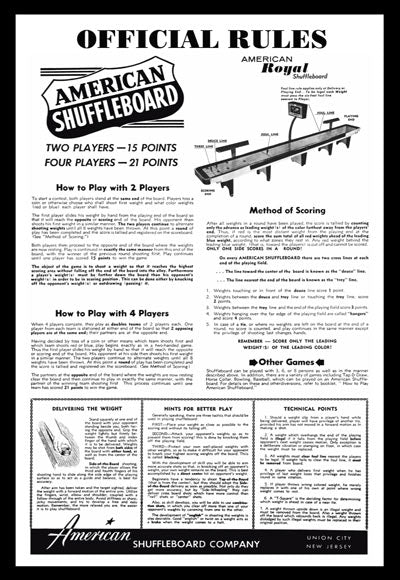 American Shuffleboard Company Official Table Shuffleboard Rules Framed Poster