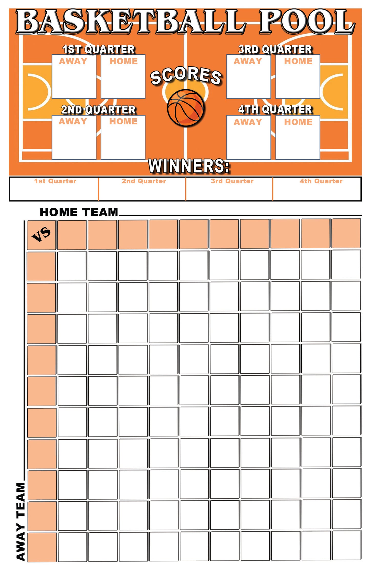 Basketball 100 Square box pool score sheet with orange border and grid for tracking scores.  Great for March Madness , NBA, College Basketball or WNBA Games