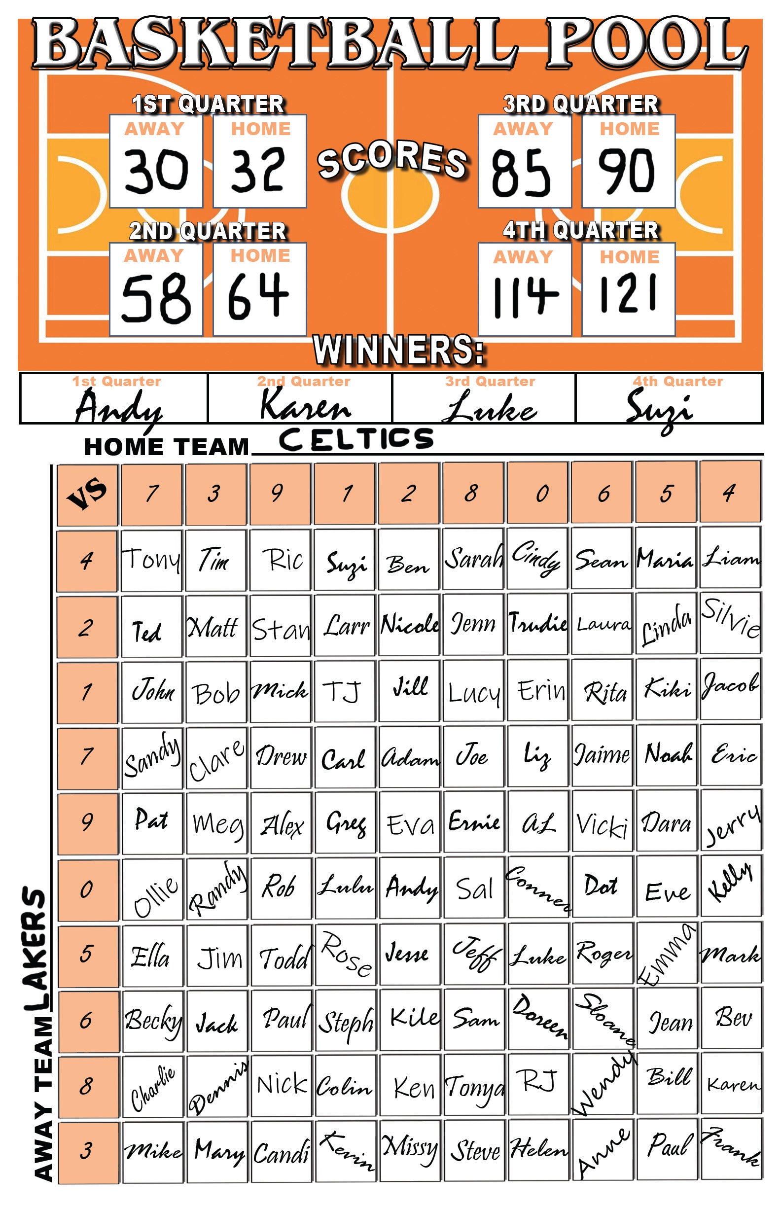 Basketball 100 Square box pool score sheet with orange border and grid for tracking scores.  Great for March Madness , NBA, College Basketball or WNBA Games