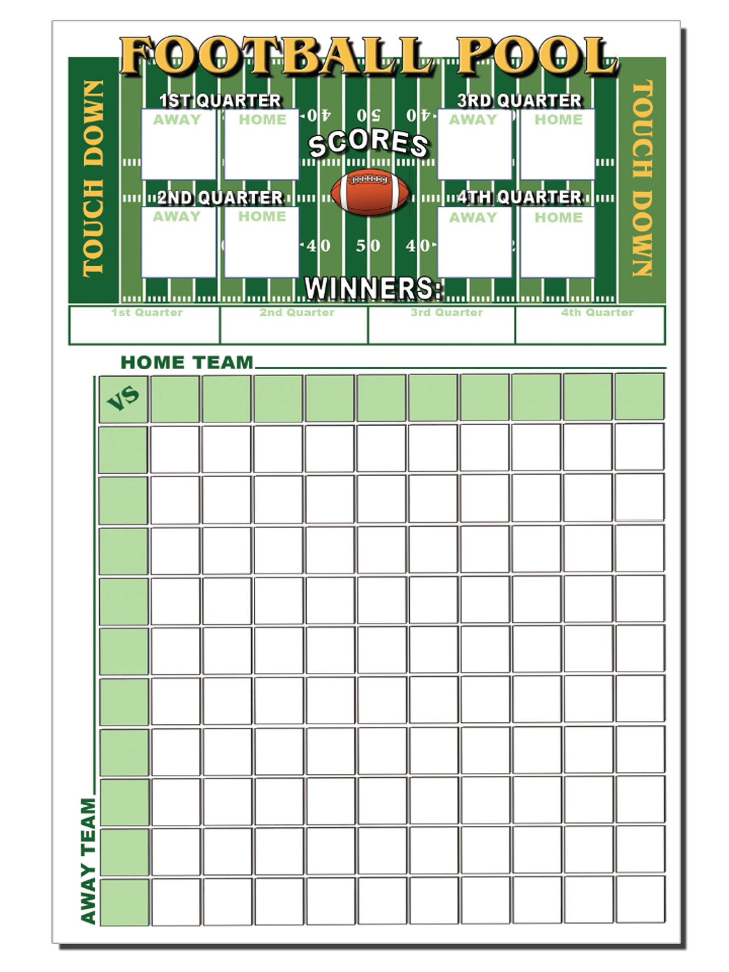 Football pool 100 squares block box pool scoresheet with gridiron design and scoring sections and quarterly breakouts