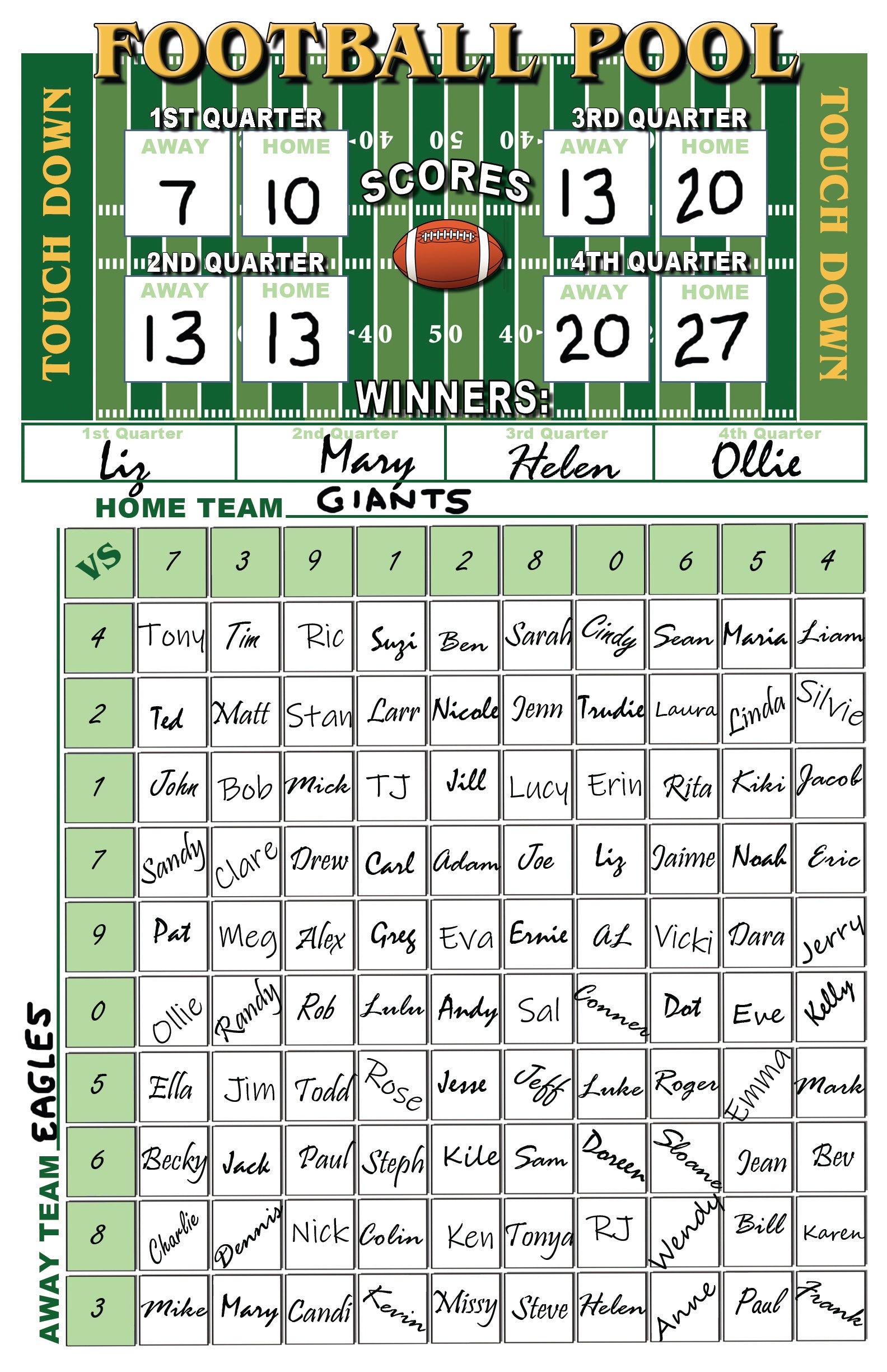 Football pool 100 squares block Pool erasable scorecard with team names and scores