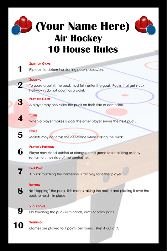 Personalized Air Hockey 10 House Rules Custom Art Poster - Personalized With Your Name!