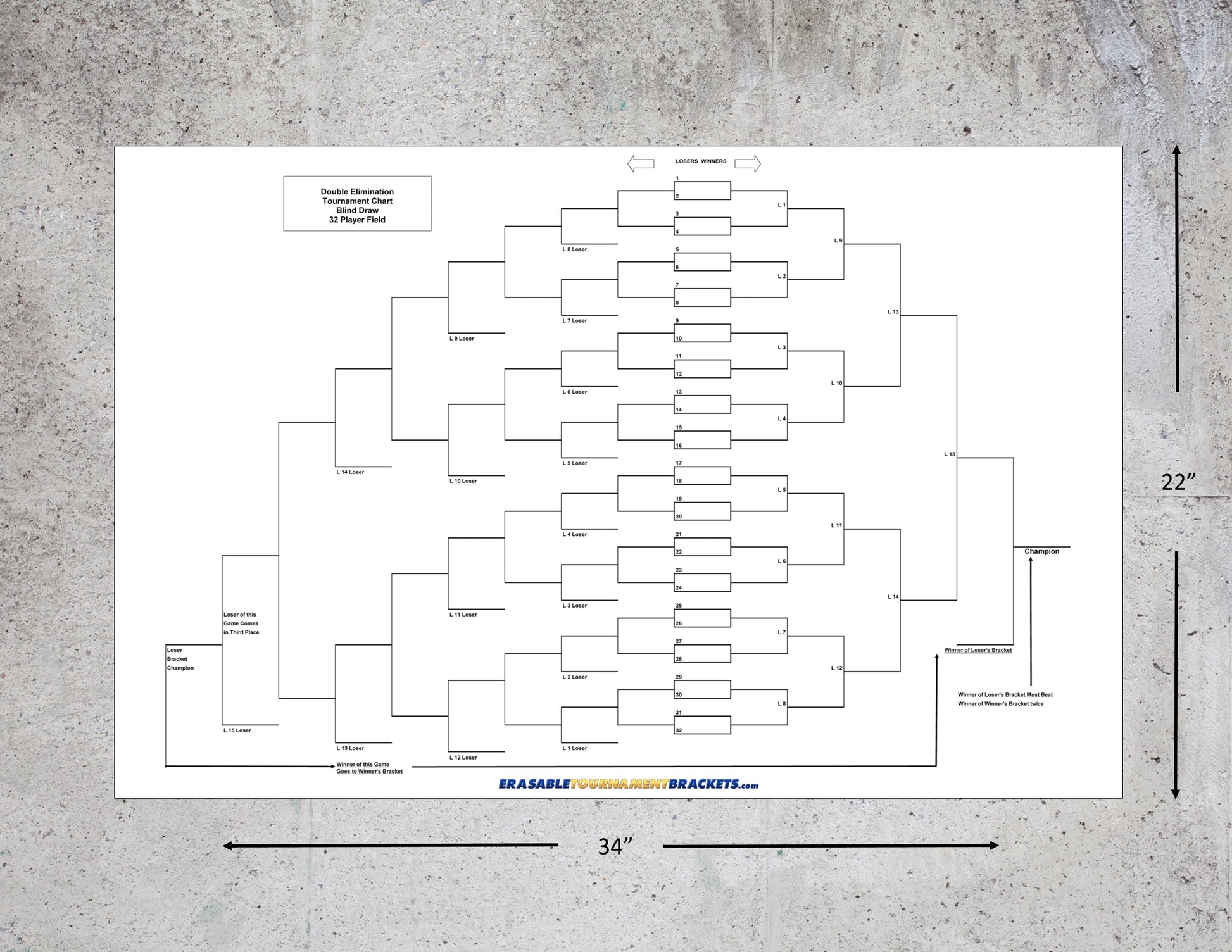 32 Team Double Elimination Blind Draw Tournament Bracket for Softball Baseball RIng Toss Horseshoes Quoits Shuffleboard or other games