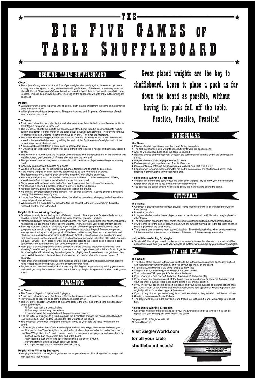 Big 5 Games of Table Shuffleboard Framed Rules ZieglerWorld