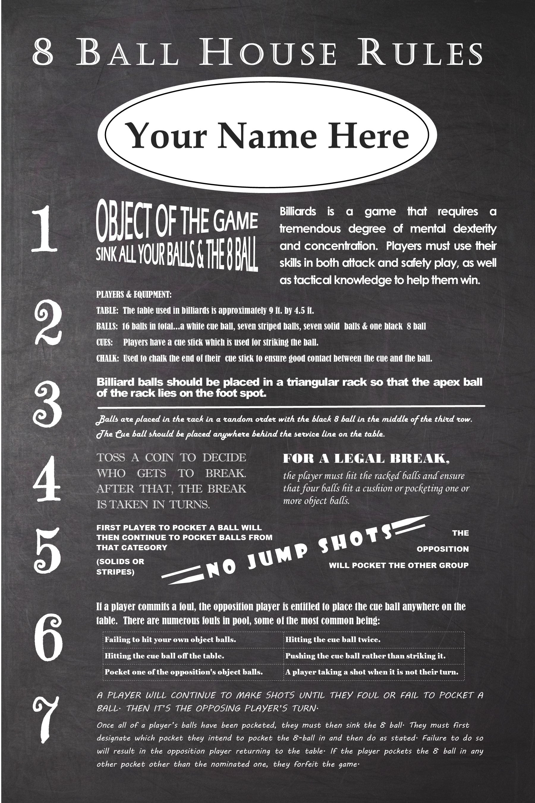 Personalized Vintage Chalkboard Looking 8 Ball Billiard Rules Poster