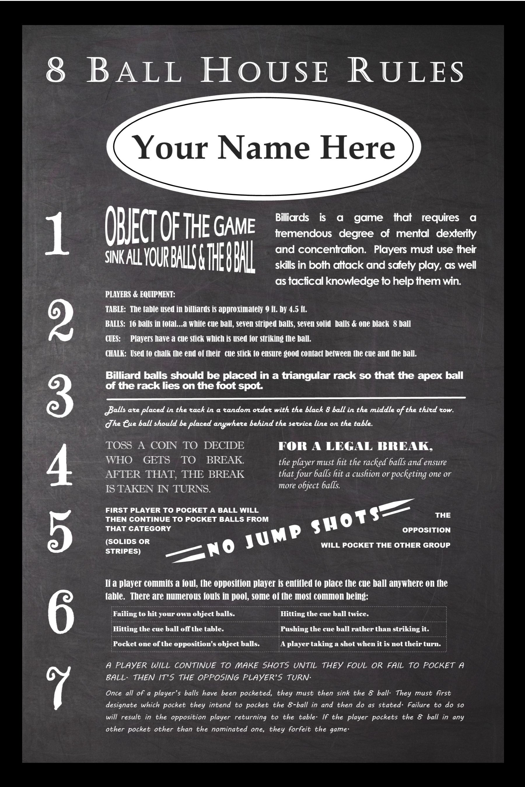 Personalized Vintage Chalkboard Looking 8 Ball Billiard Rules Poster ...