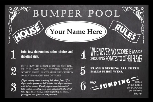 Personalized Vintage Chalkboard Looking Bumper Pool House Rules Poster - Personalized With Your Name!